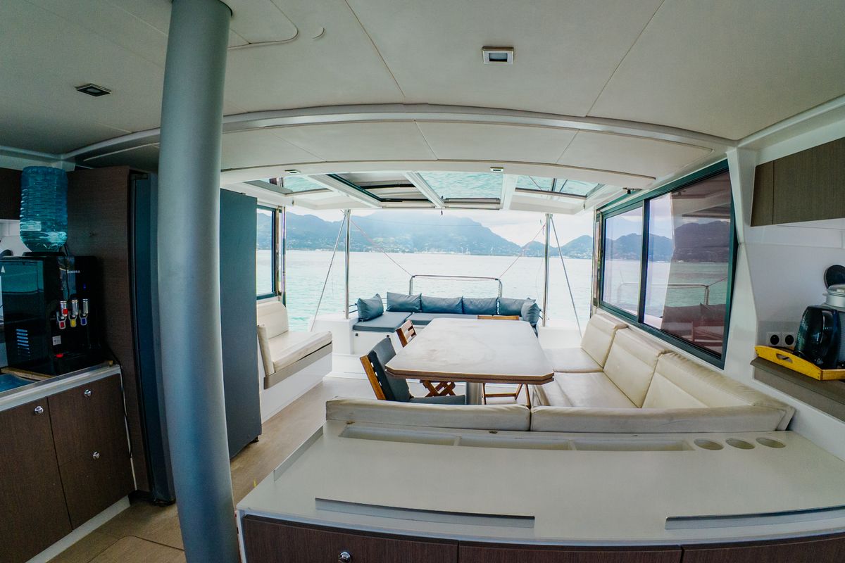 Salon of Premium +, a Bali 4.3 catamaran at Seychelles, Eden Island Marina, Seychelles