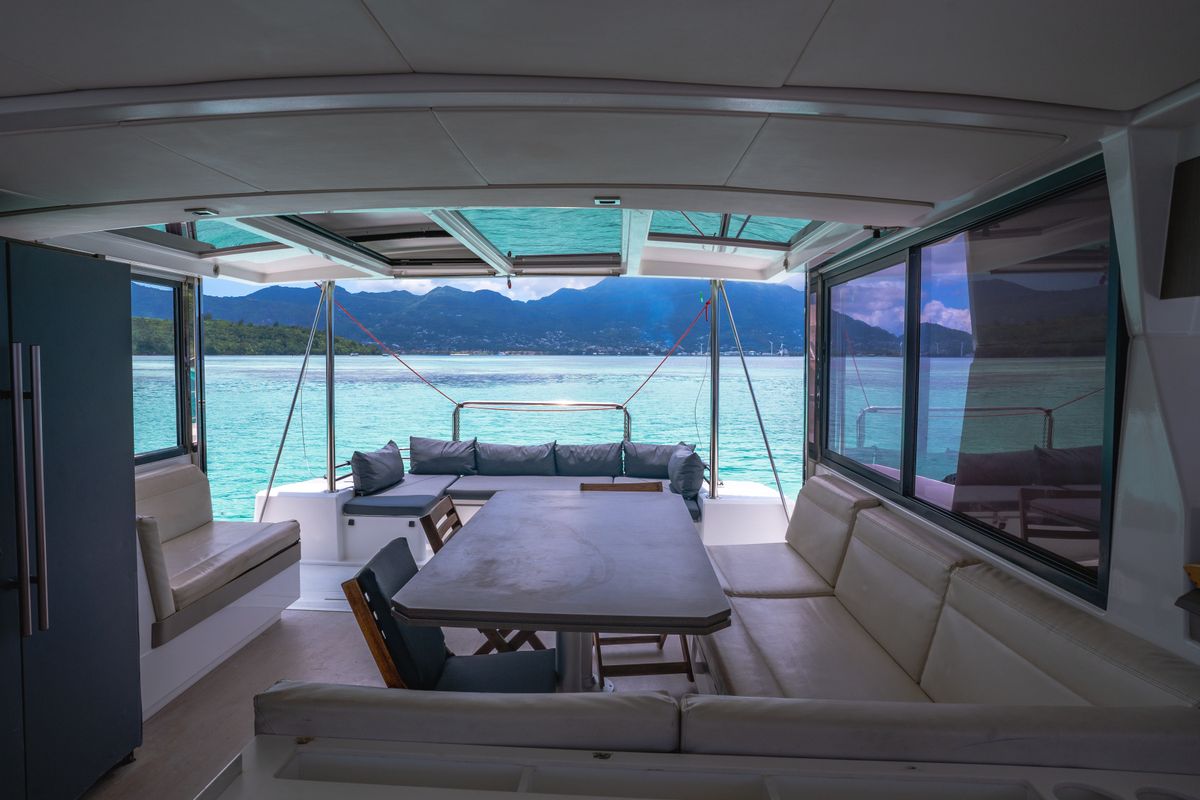 Salon of Premium +, a Bali 4.3 catamaran at Seychelles, Eden Island Marina, Seychelles