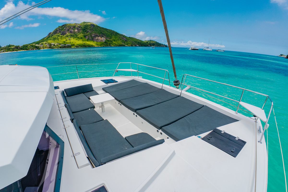 Deck of Premium +, a Bali 4.3 catamaran at Seychelles, Eden Island Marina, Seychelles