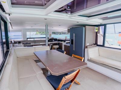 Salon of Premium +, a Bali 4.3 catamaran at Seychelles, Eden Island Marina, Seychelles