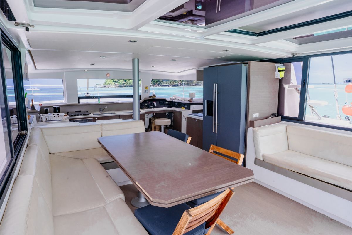 Salon of Premium +, a Bali 4.3 catamaran at Seychelles, Eden Island Marina, Seychelles