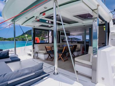 Deck of Premium +, a Bali 4.3 catamaran at Seychelles, Eden Island Marina, Seychelles