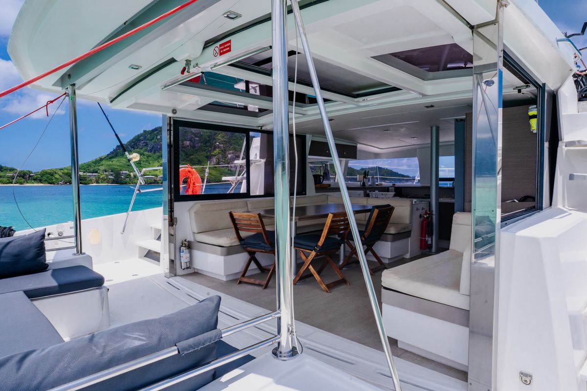 Deck of Premium +, a Bali 4.3 catamaran at Seychelles, Eden Island Marina, Seychelles