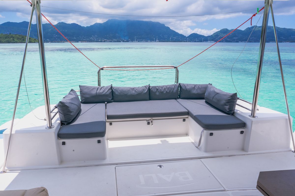 Deck of Premium +, a Bali 4.3 catamaran at Seychelles, Eden Island Marina, Seychelles