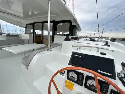 Cockpit of Ez Ukutu, a Excess 11 catamaran at Palma de Mallorca, Spain