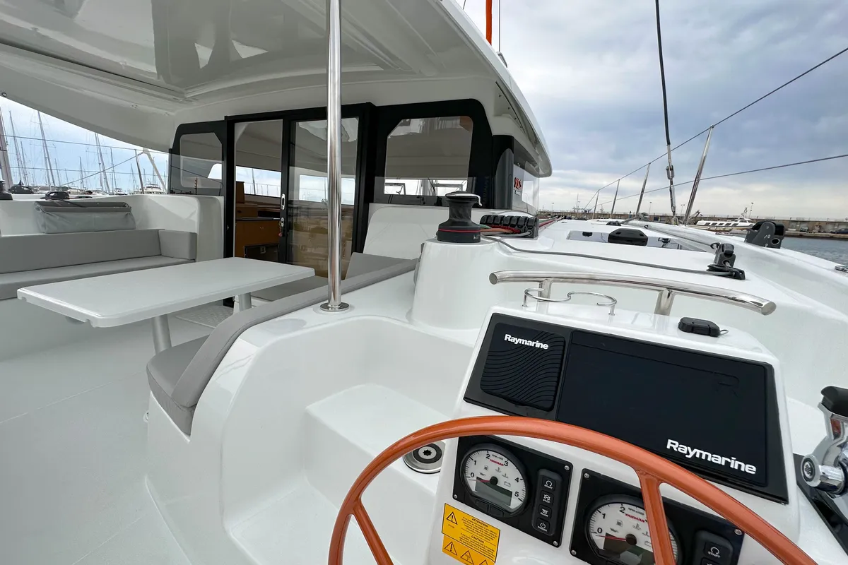 Cockpit of Ez Ukutu, a Excess 11 catamaran at Palma de Mallorca, Spain
