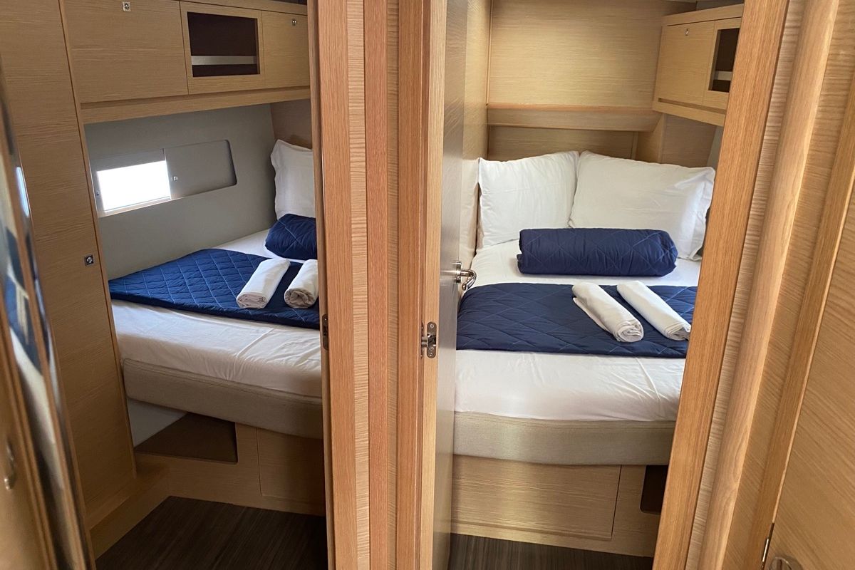 Cabin on Virgo, a Dufour 470 sailboat at Olbia, Italy