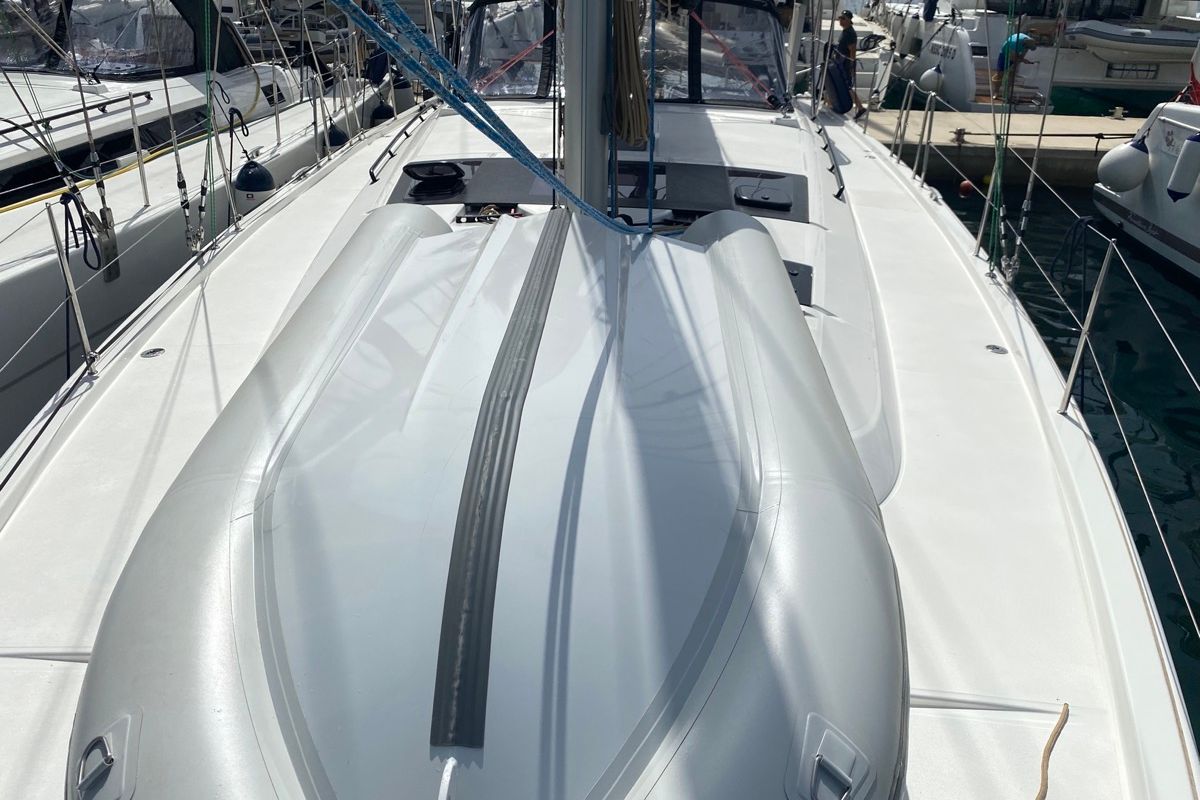 Deck of Virgo, a Dufour 470 sailboat at Olbia, Italy