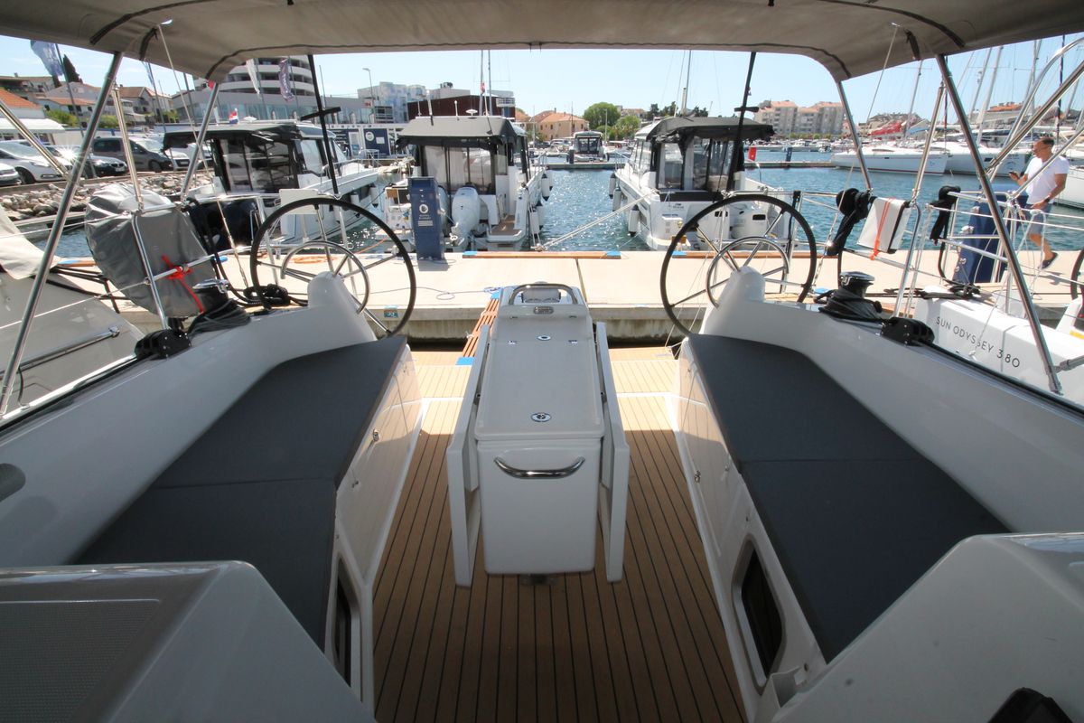Cockpit of Bona Res, a Jeanneau Sun Odyssey 410 sailboat at Grad Biograd na Moru, Croatia
