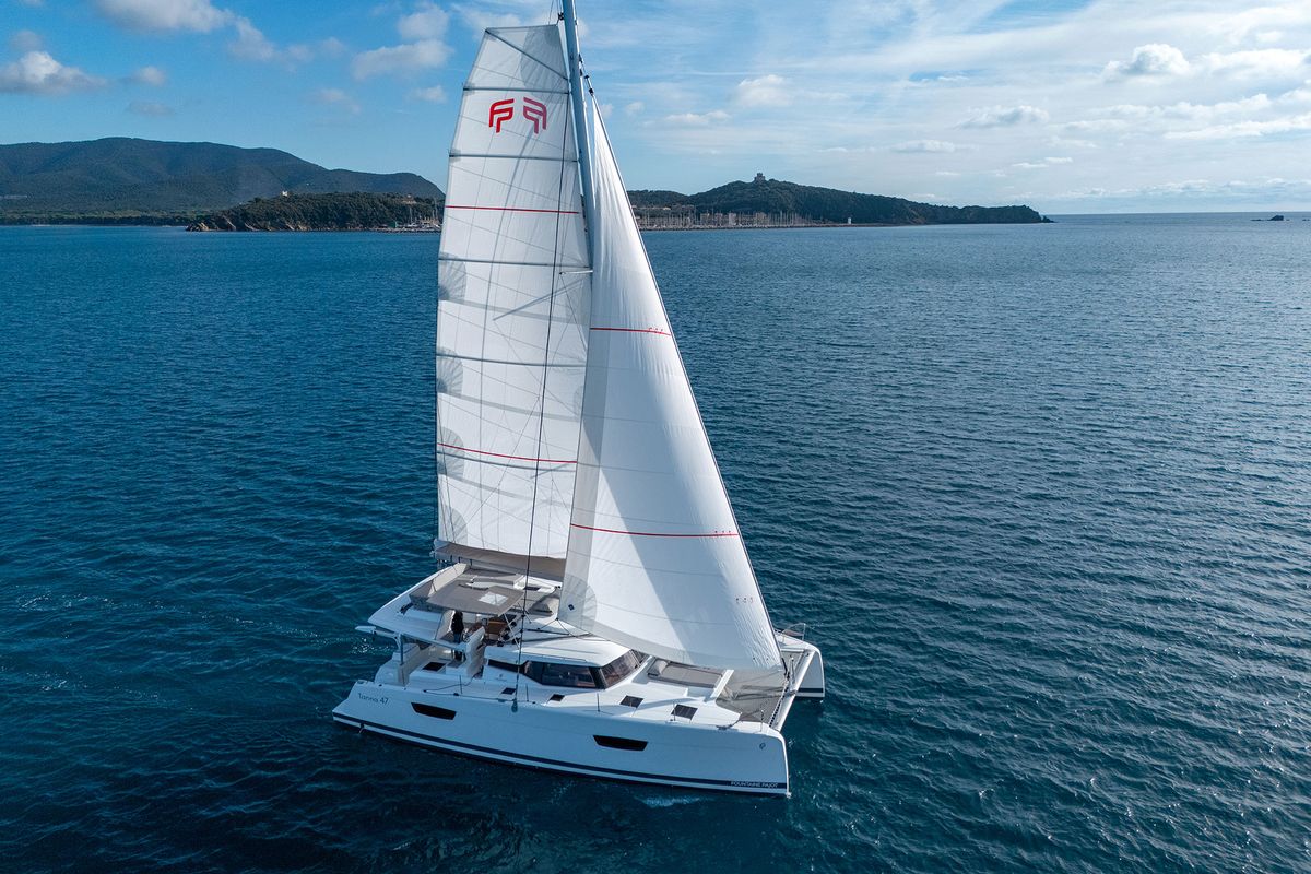Exterior view of Smeralda, a Fountaine Pajot Tanna 47 catamaran at Castellammare di Stabia, Italy