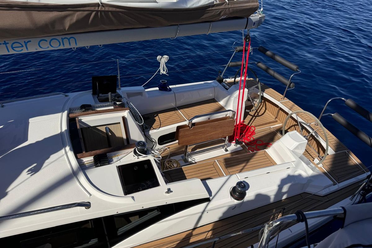 Cockpit of ALAS, a Northman Maxus 35 sailboat at Capo d'Orlando, Italy
