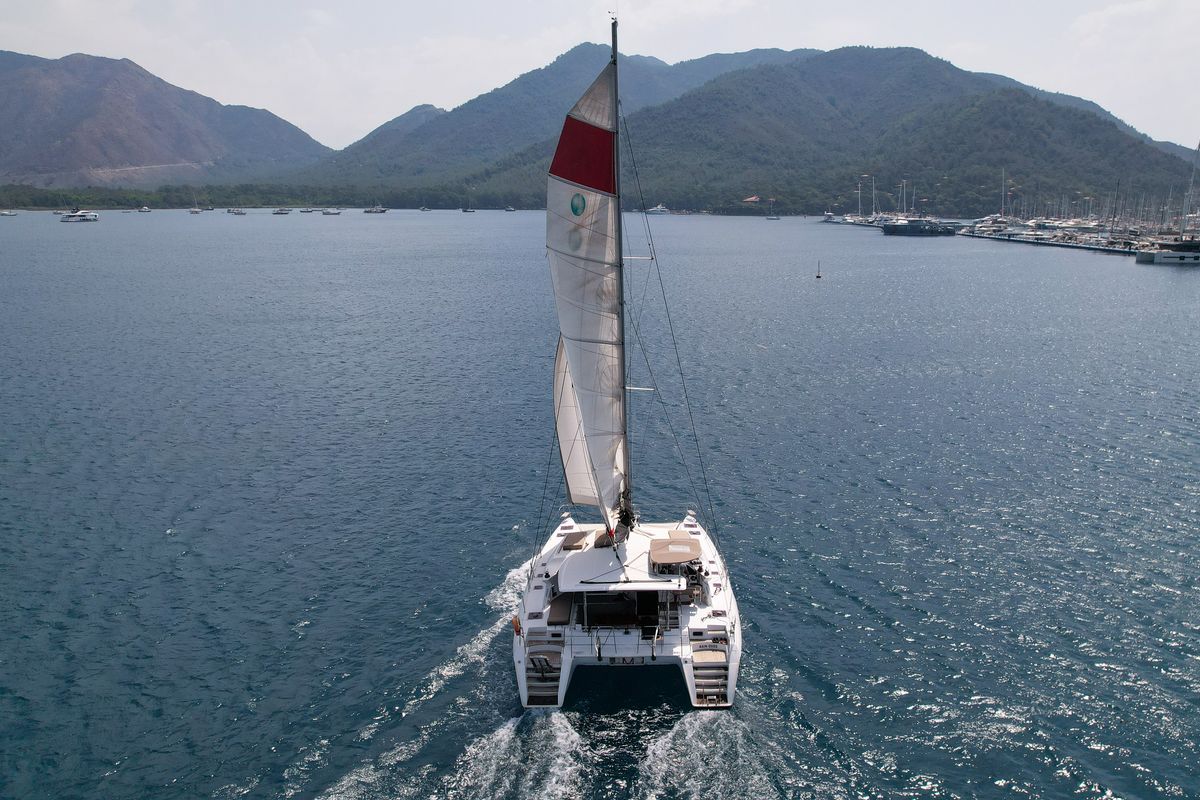 Exterior view of Rain Dogs, a Lagoon 421 catamaran at Marmaris, Turkey