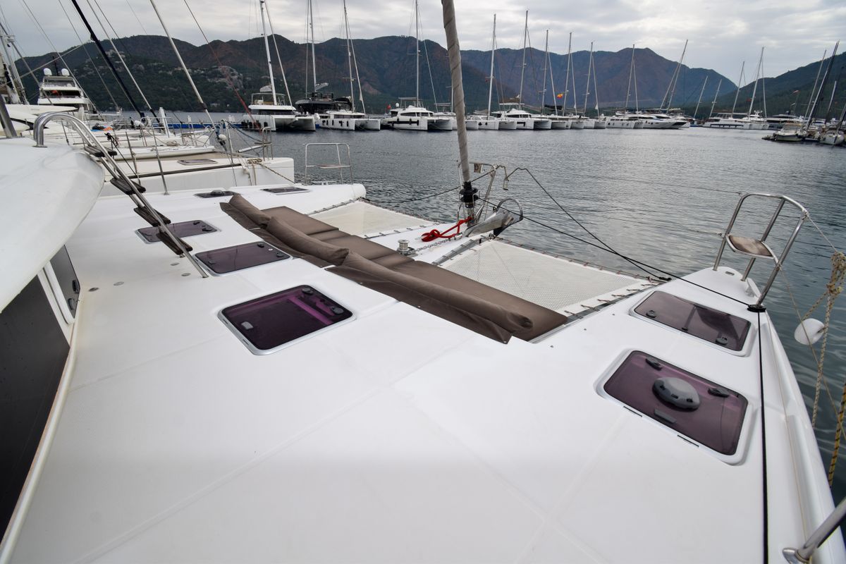 Deck of Rain Dogs, a Lagoon 421 catamaran at Marmaris, Turkey