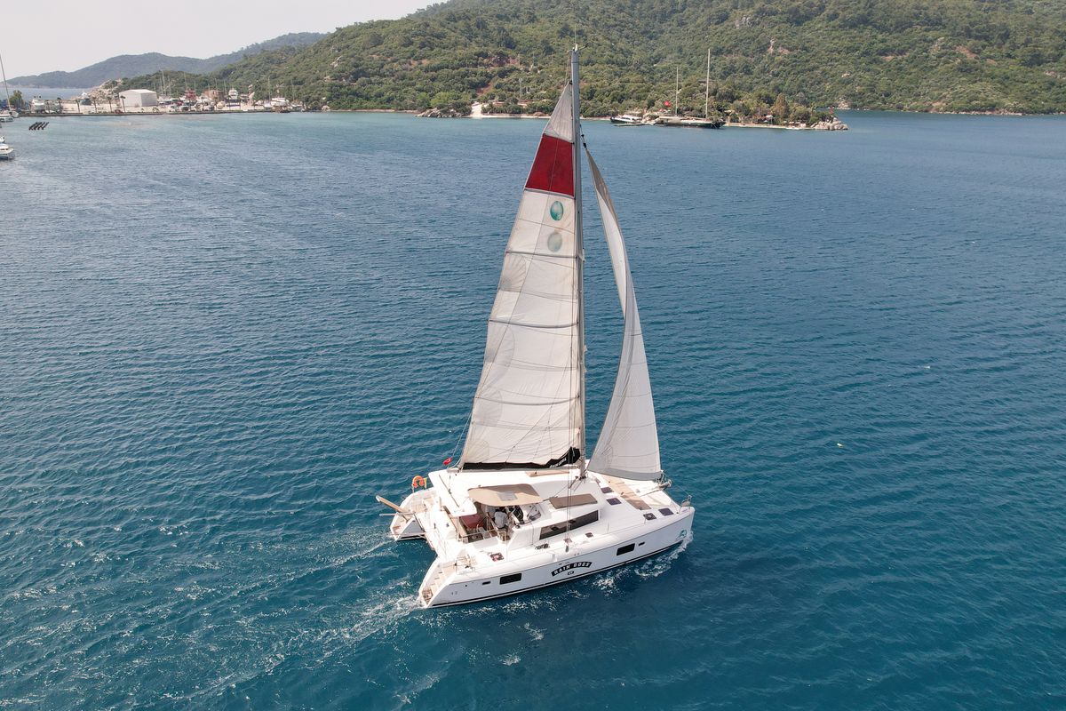 Exterior view of Rain Dogs, a Lagoon 421 catamaran at Marmaris, Turkey