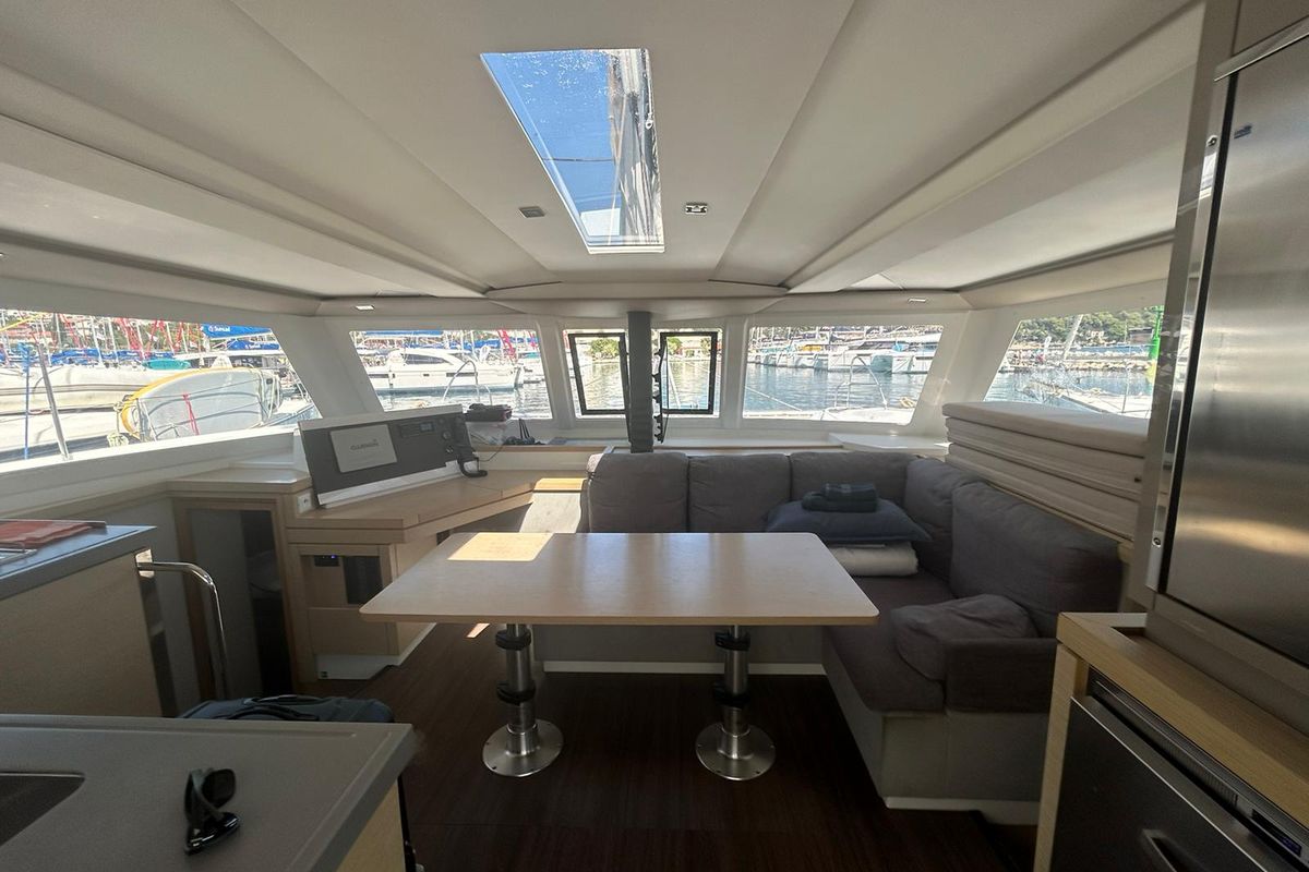 Salon of Valeriia, a Fountaine Pajot Lucia 40 catamaran at Općina Marina, Croatia