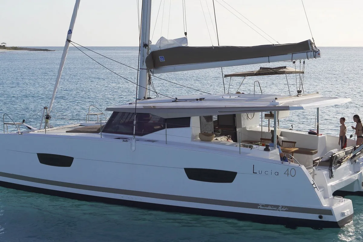 Exterior view of Valeriia, a Fountaine Pajot Lucia 40 catamaran at Općina Marina, Croatia