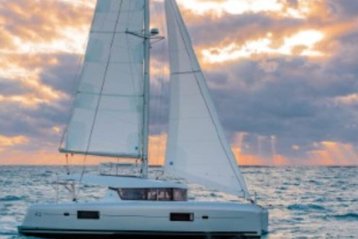 Exterior view of Aria, a Lagoon 42 catamaran at Volos Municipality, Greece