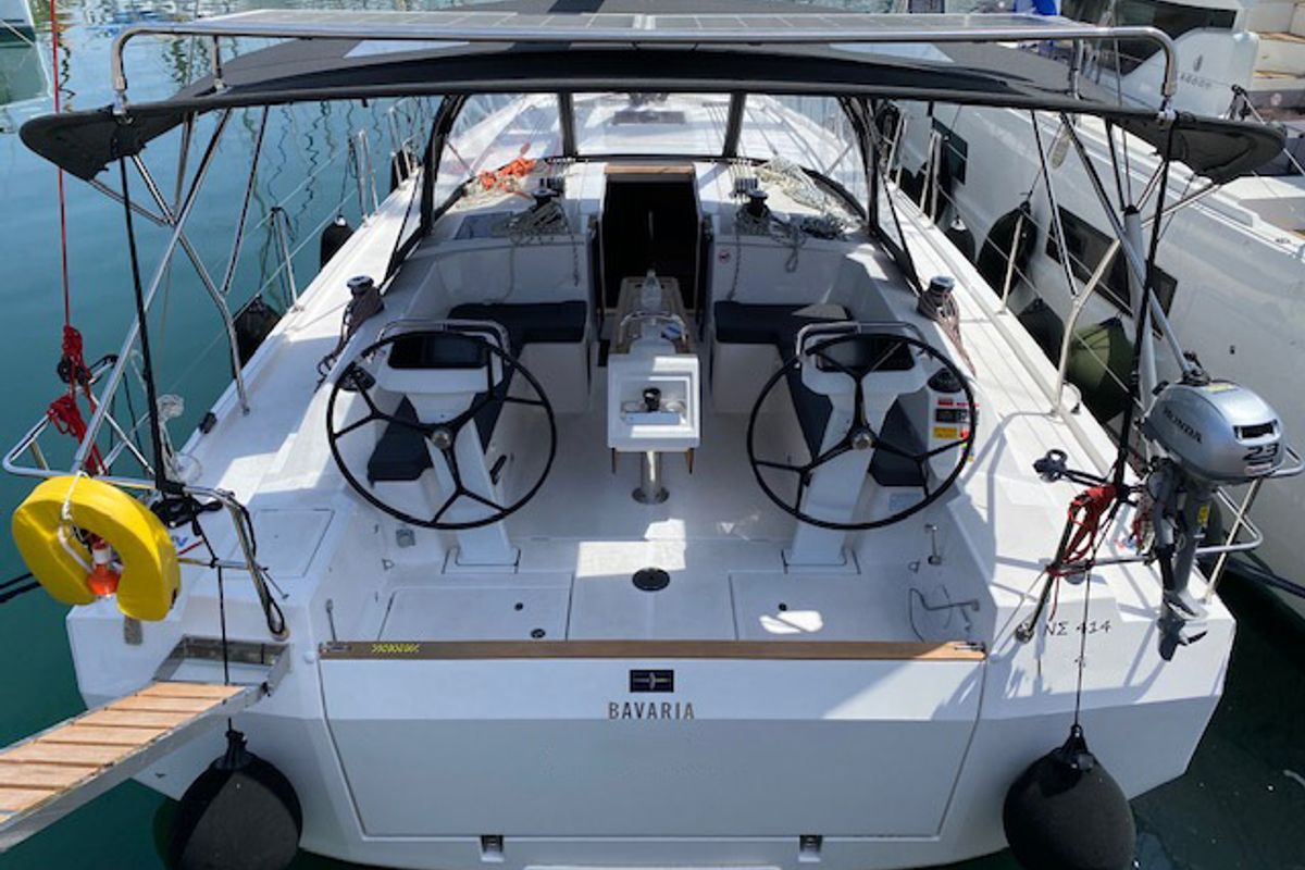 Exterior view of Kalispera, a Bavaria C42 sailboat at Athens, Greece