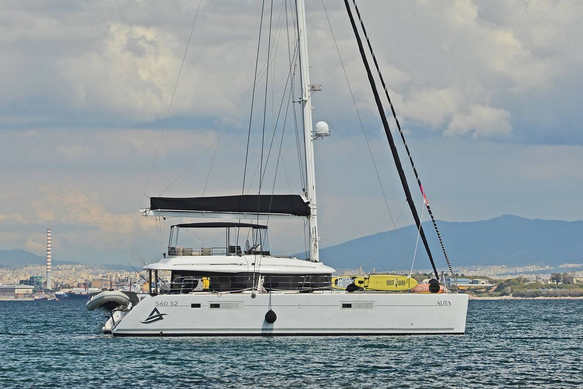 Exterior view of Avra, a Lagoon 560 S2 catamaran at Athens, Greece
