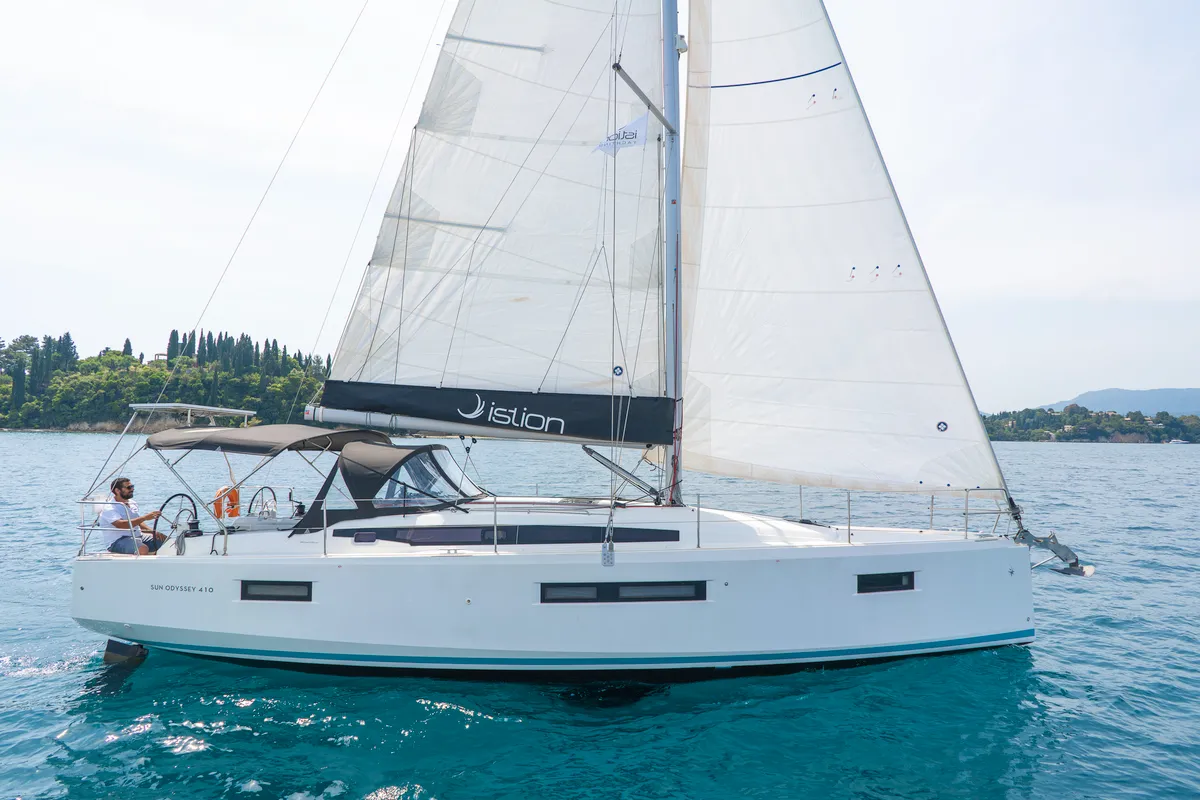 Exterior view of Sea Whisper, a Jeanneau Sun Odyssey 410 sailboat at Volos Municipality, Greece