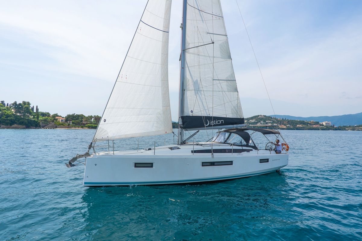Exterior view of Sea Whisper, a Jeanneau Sun Odyssey 410 sailboat at Volos Municipality, Greece