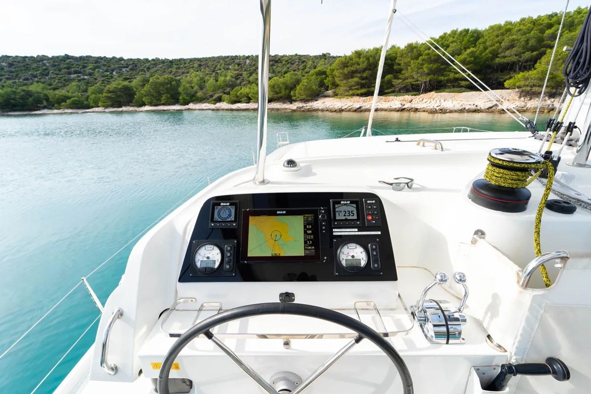 Cockpit of Maximus, a Lagoon 42 catamaran at Grad Pula, Croatia