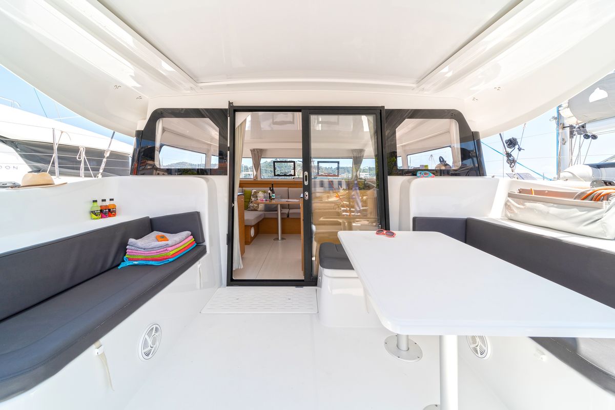 Deck of One Kiss, a Excess 11 catamaran at Municipal Unit of Lefkada, Greece
