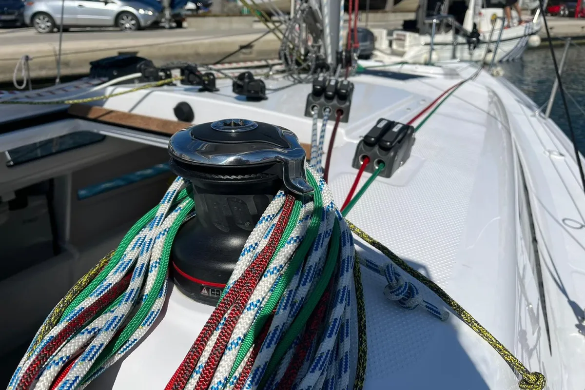 Deck of Šuferina, a Beneteau First 27 sailboat at Split, Croatia