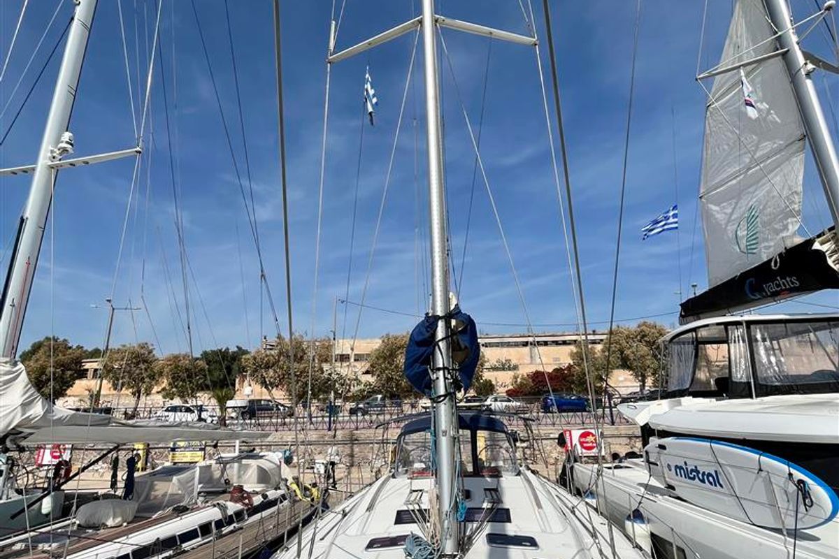 Deck of Maistra, a Beneteau Oceanis 54 sailboat at Lavreotiki Municipal Unit, Greece