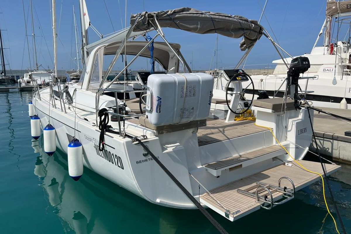 Exterior view of Libery, a Beneteau Oceanis 51.1 sailboat at Capo d'Orlando, Italy