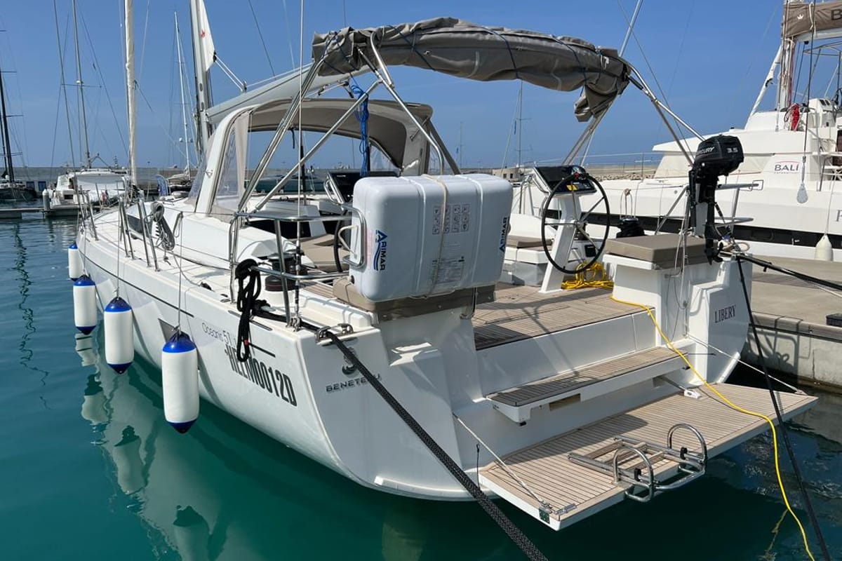 Exterior view of Libery, a Beneteau Oceanis 51.1 sailboat at Capo d'Orlando, Italy