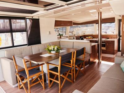 Salon of Ediba Pisces, a Bali 4.2 catamaran at Marmaris, Turkey