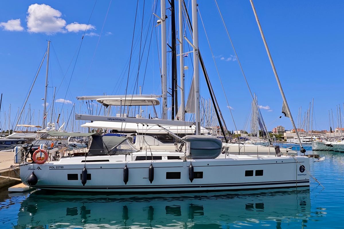Exterior view of Lady Ardea, a Hanse Yachts Hanse 548 sailboat at Općina Sukošan, Croatia