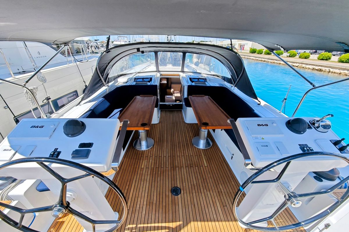 Cockpit of Lady Ardea, a Hanse Yachts Hanse 548 sailboat at Općina Sukošan, Croatia