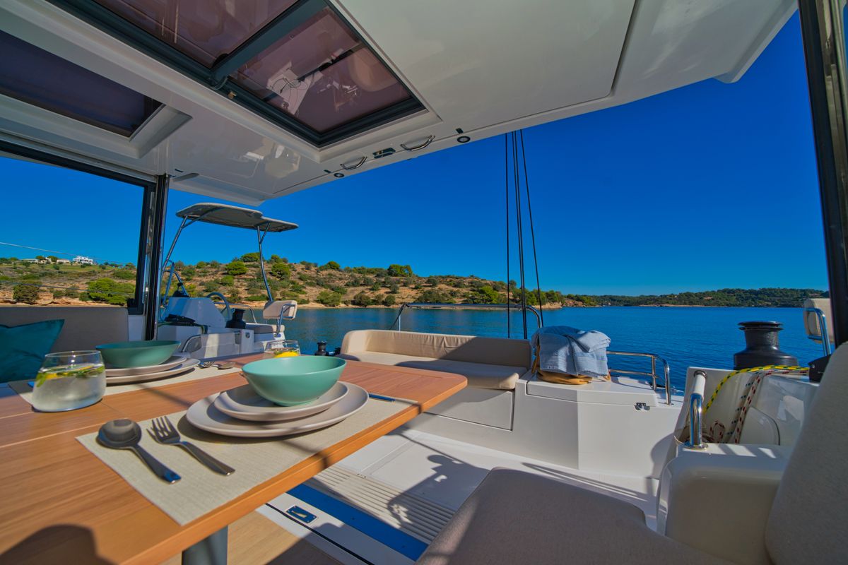 Deck of ZOIE, a Bali Catsmart catamaran at Gouvia, Greece