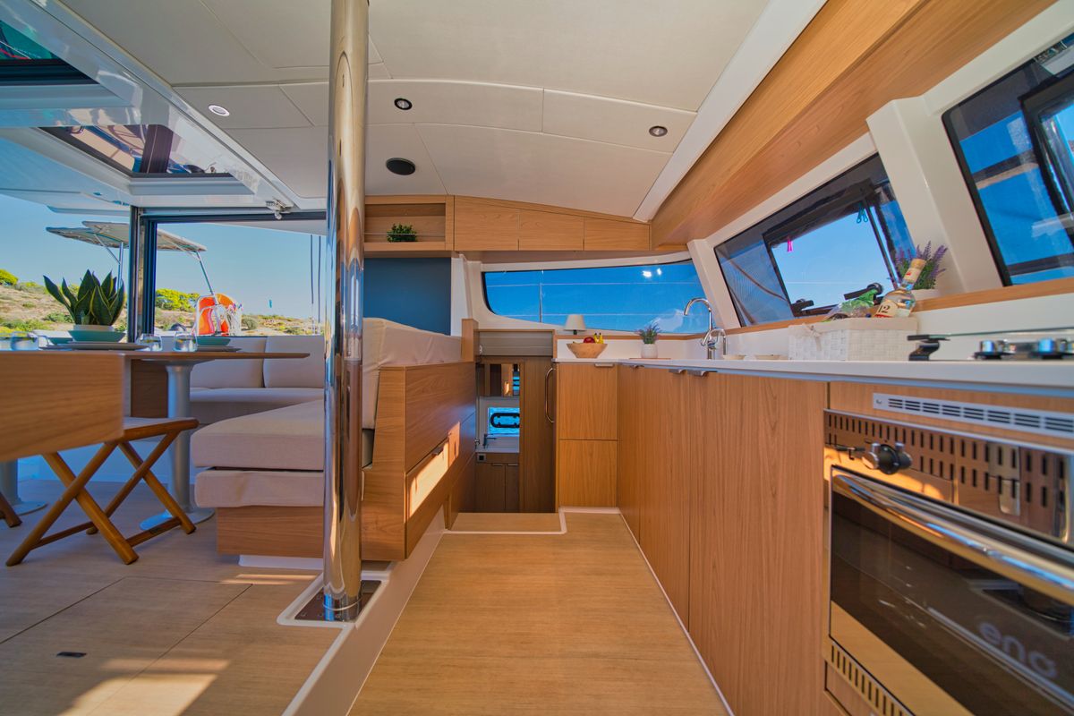 Salon of ZOIE, a Bali Catsmart catamaran at Gouvia, Greece