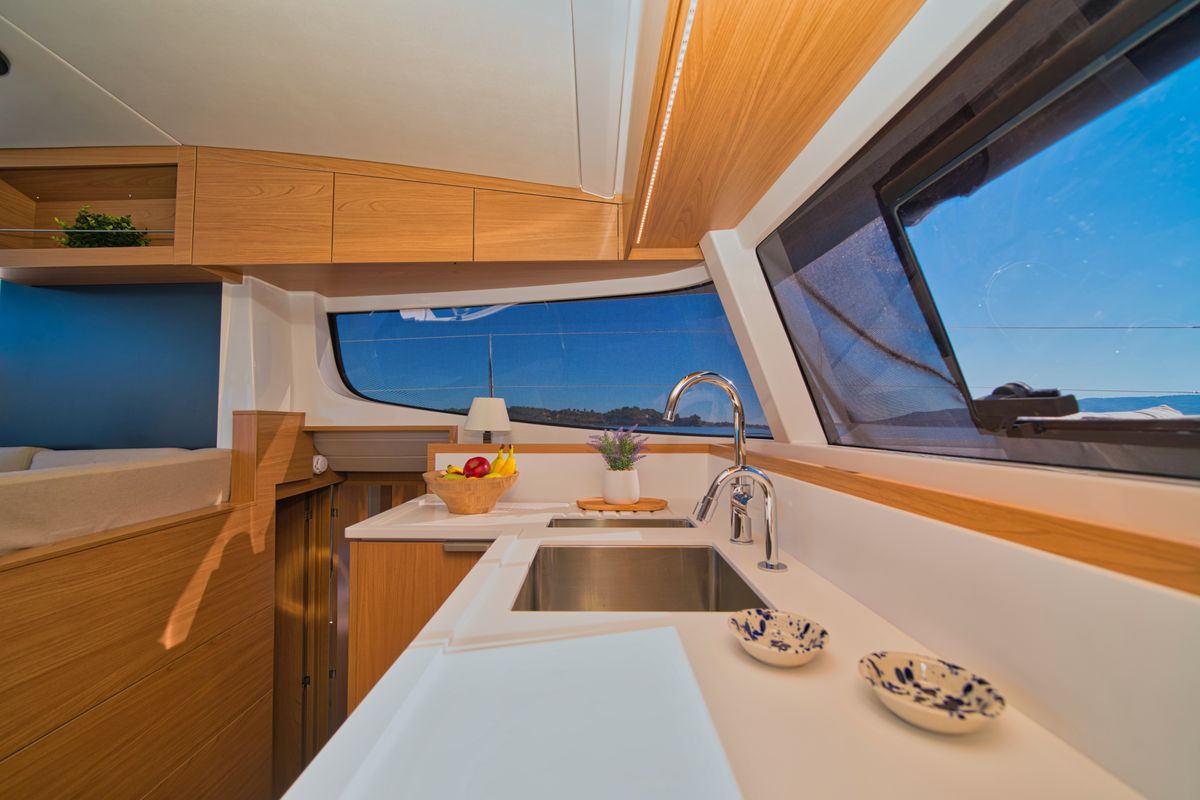 Galley of ZOIE, a Bali Catsmart catamaran at Gouvia, Greece