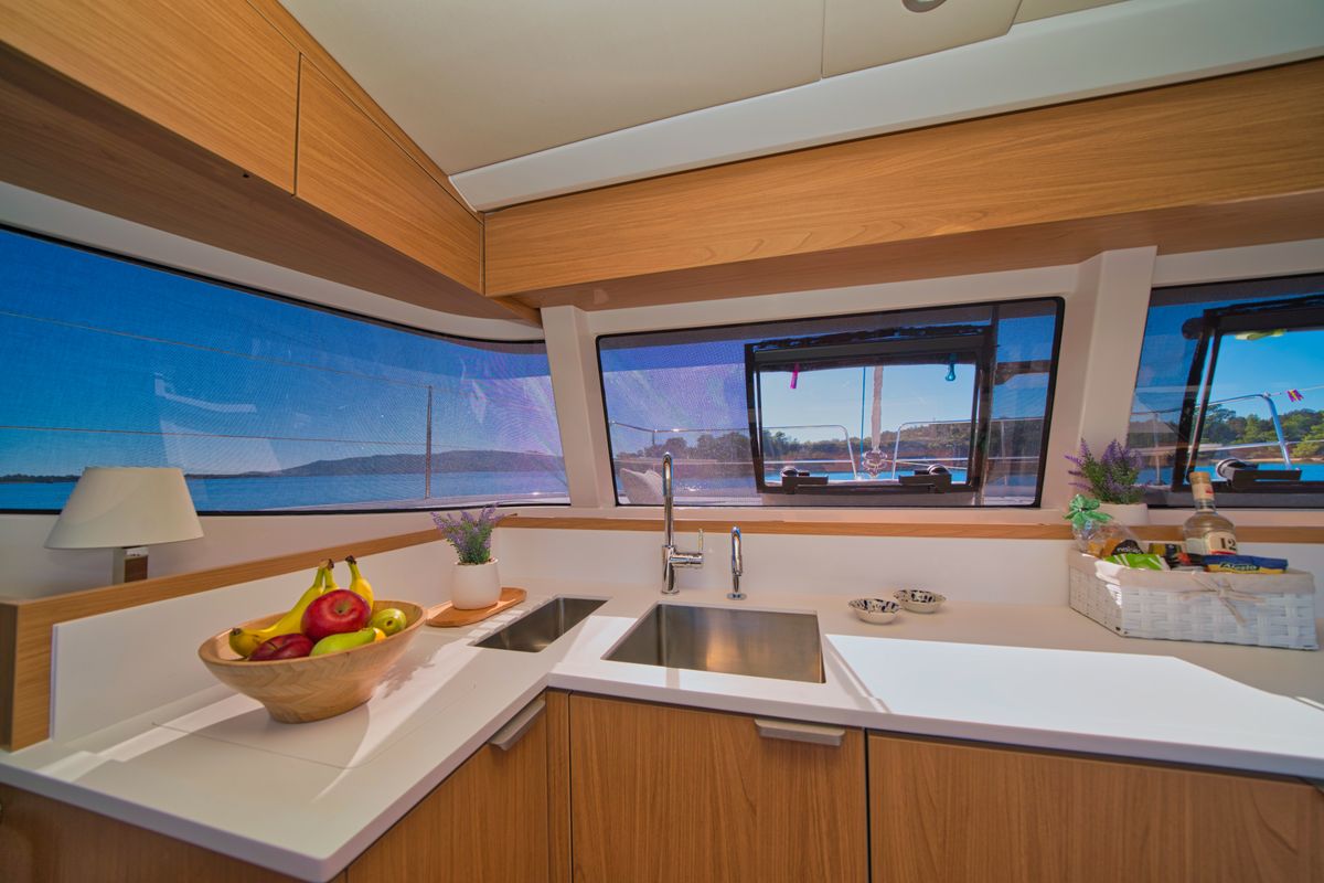 Galley of ZOIE, a Bali Catsmart catamaran at Gouvia, Greece
