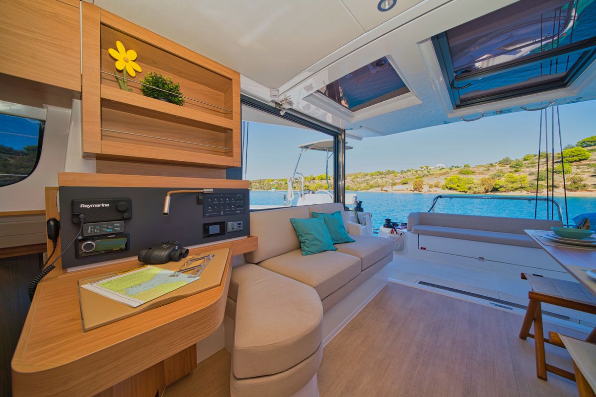Salon of ZOIE, a Bali Catsmart catamaran at Gouvia, Greece