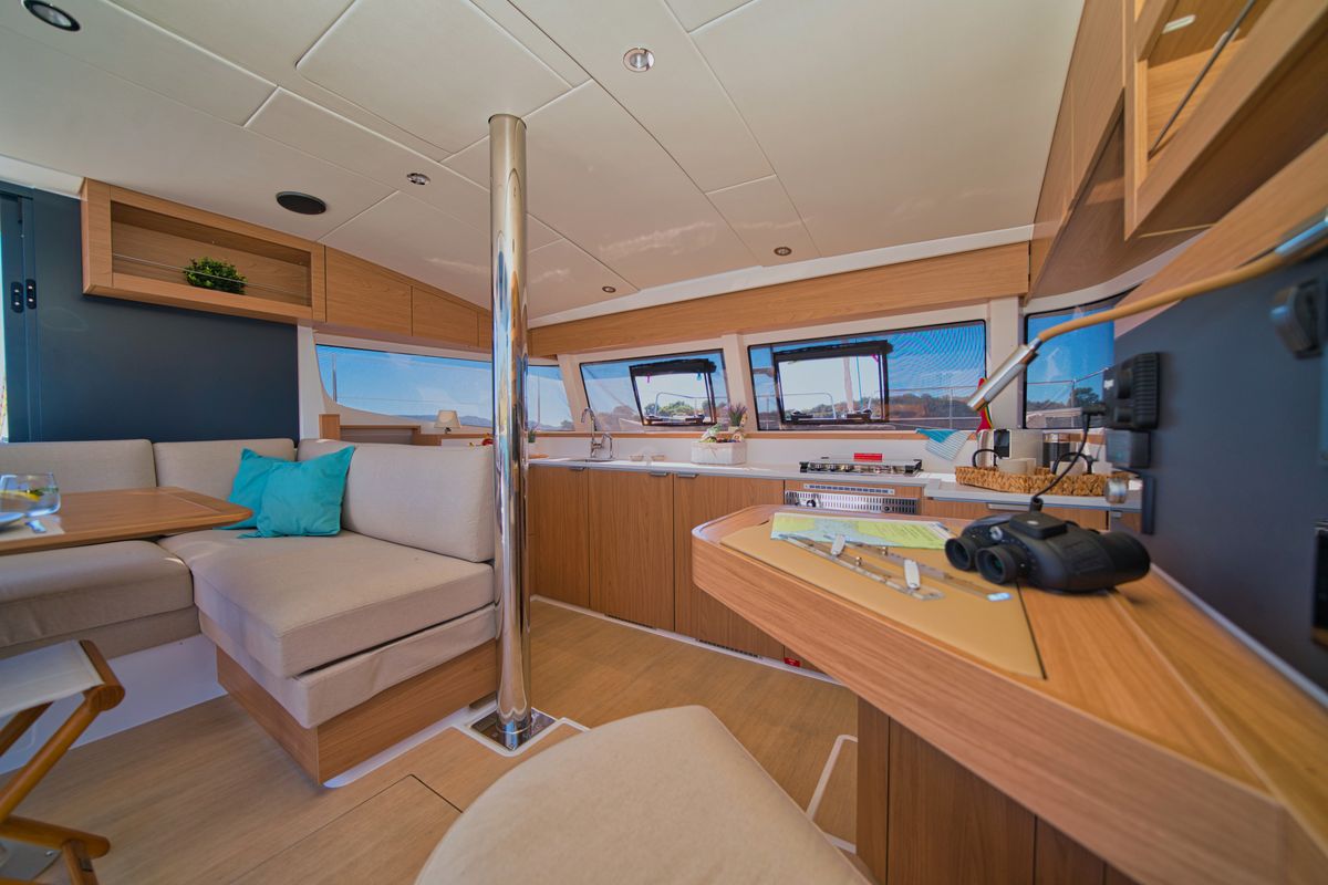 Salon of ZOIE, a Bali Catsmart catamaran at Gouvia, Greece