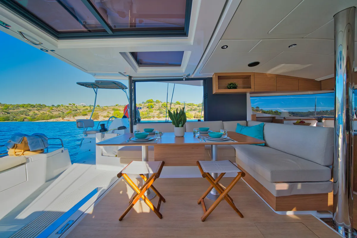 Deck of ZOIE, a Bali Catsmart catamaran at Gouvia, Greece