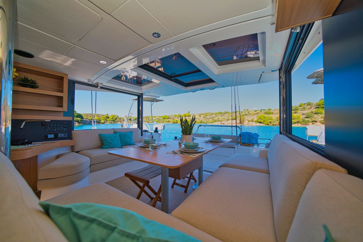 Salon of ZOIE, a Bali Catsmart catamaran at Gouvia, Greece