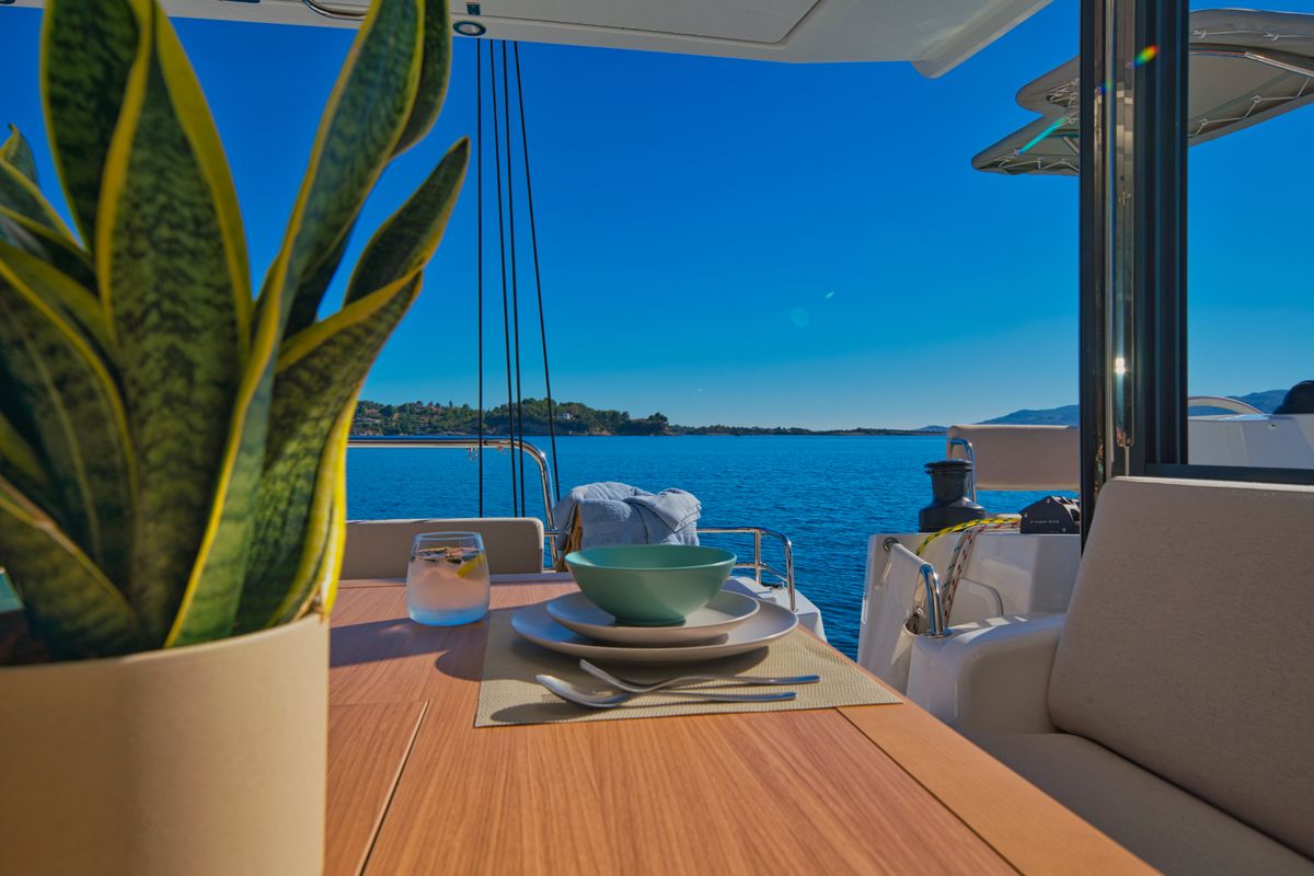 Deck of ZOIE, a Bali Catsmart catamaran at Gouvia, Greece