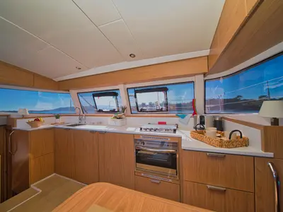 Galley of ZOIE, a Bali Catsmart catamaran at Gouvia, Greece