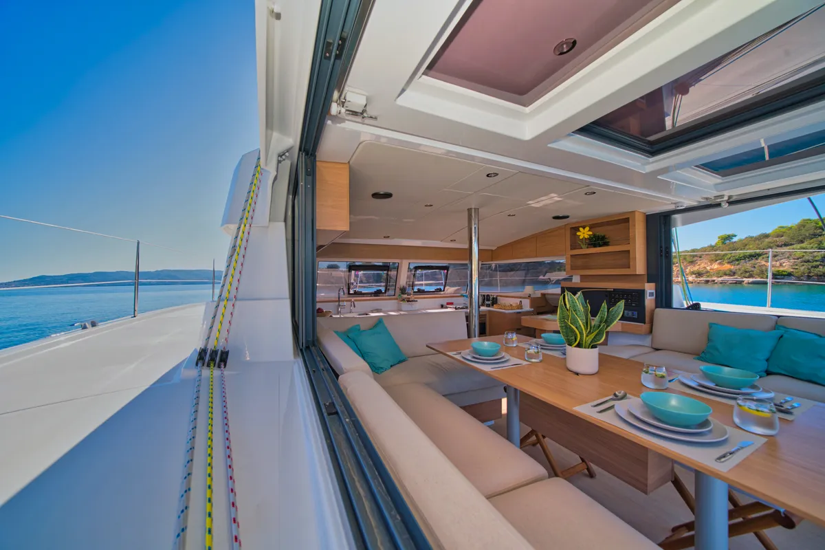 Salon of ZOIE, a Bali Catsmart catamaran at Gouvia, Greece