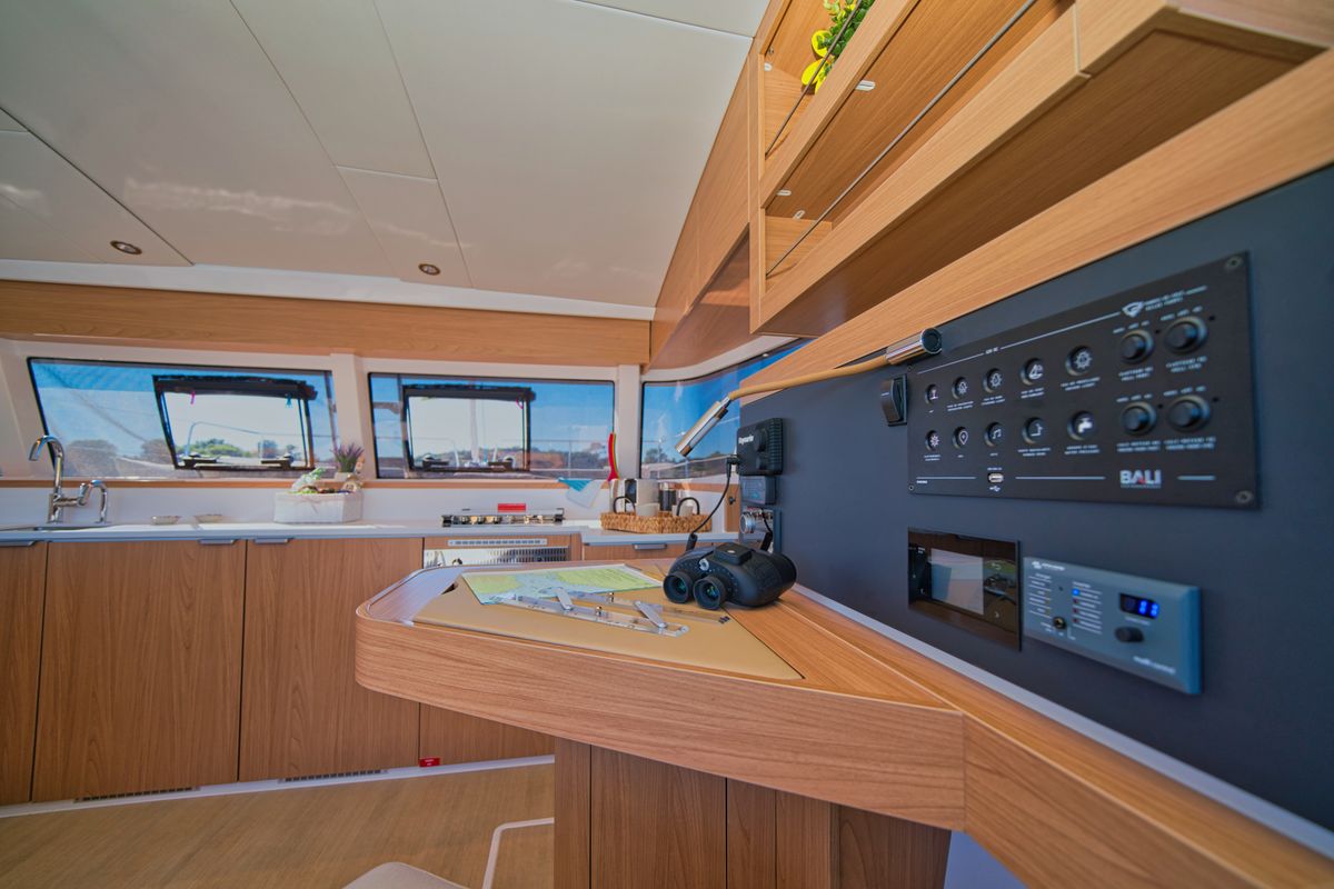 Salon of ZOIE, a Bali Catsmart catamaran at Gouvia, Greece