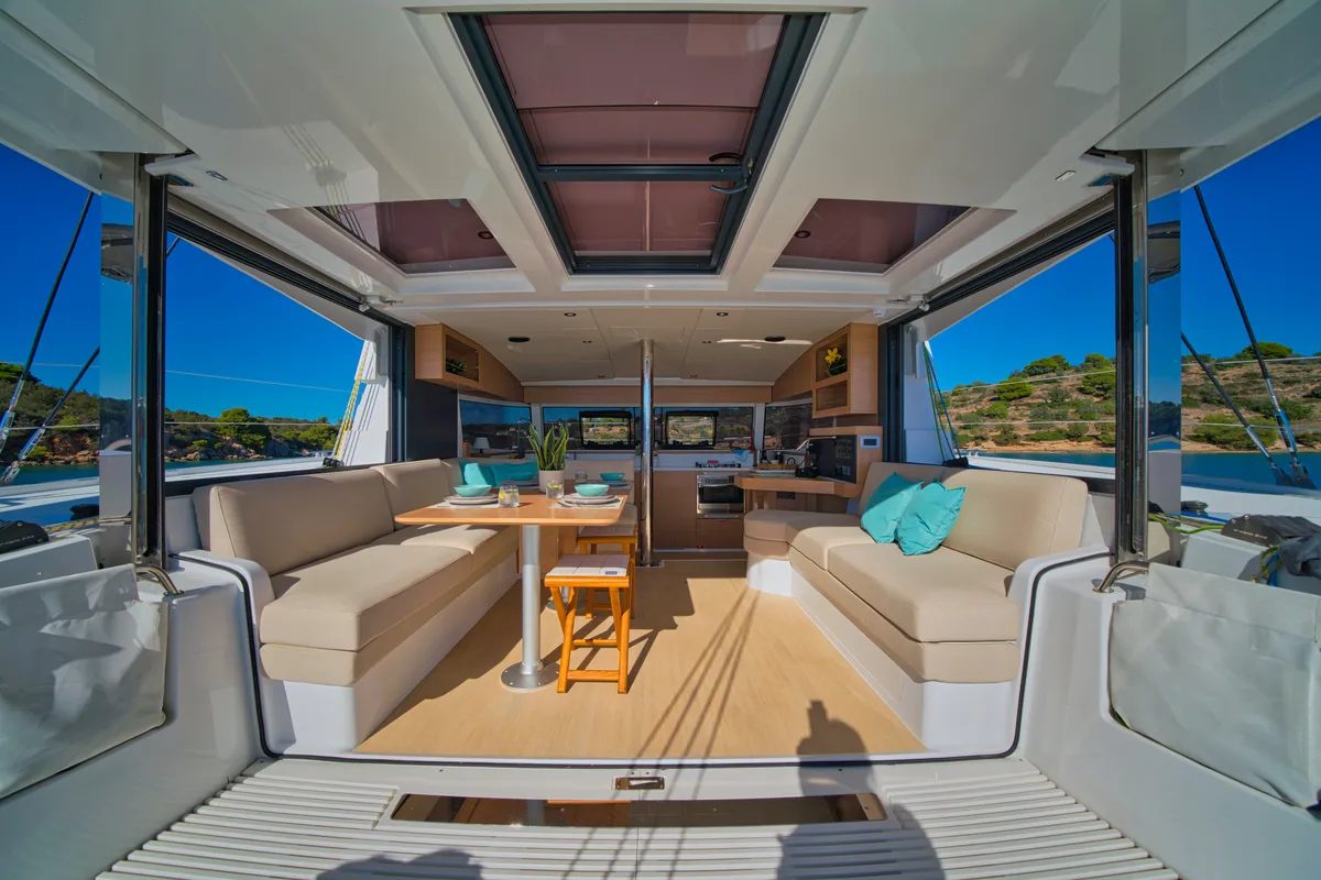 Salon of ZOIE, a Bali Catsmart catamaran at Gouvia, Greece