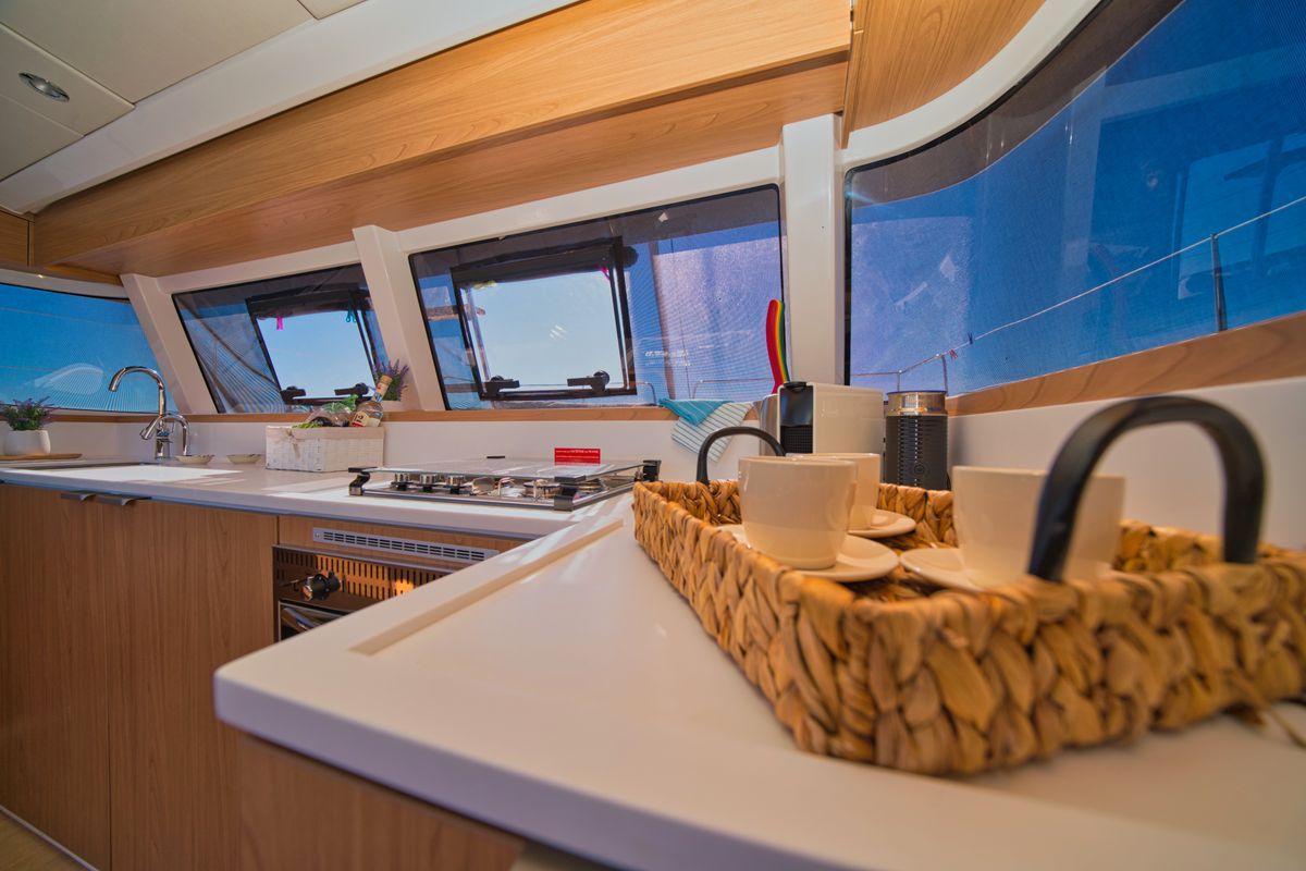 Galley of ZOIE, a Bali Catsmart catamaran at Gouvia, Greece