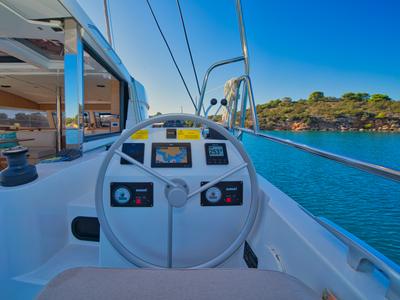 Cockpit of ZOIE, a Bali Catsmart catamaran at Gouvia, Greece