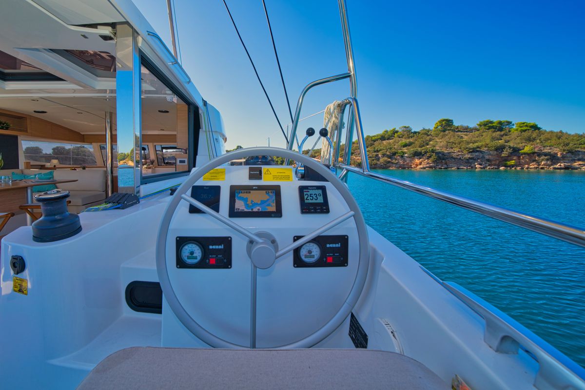 Cockpit of ZOIE, a Bali Catsmart catamaran at Gouvia, Greece